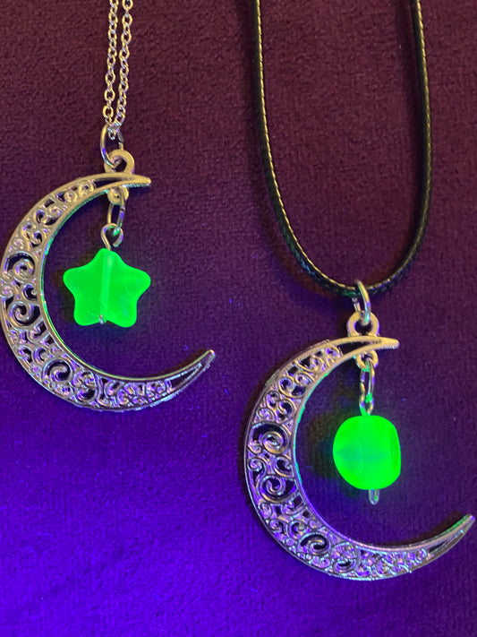 Uranium glass moon necklaces