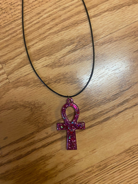 Pink glittery ankh necklace