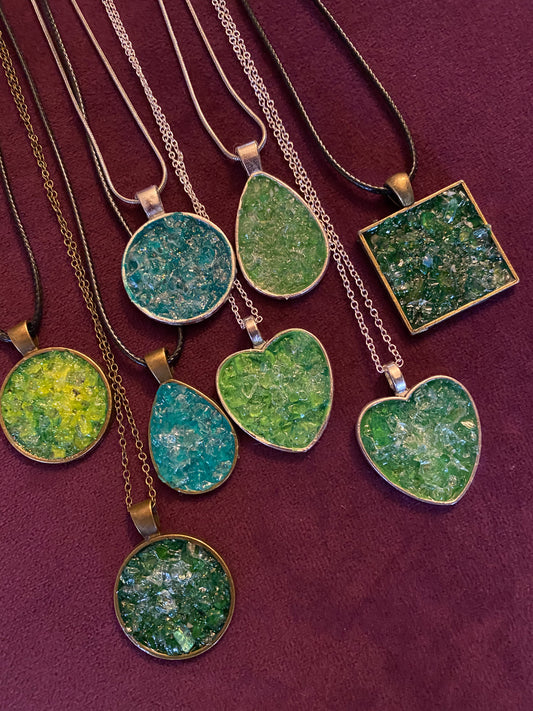 Uranium glass druzy necklaces
