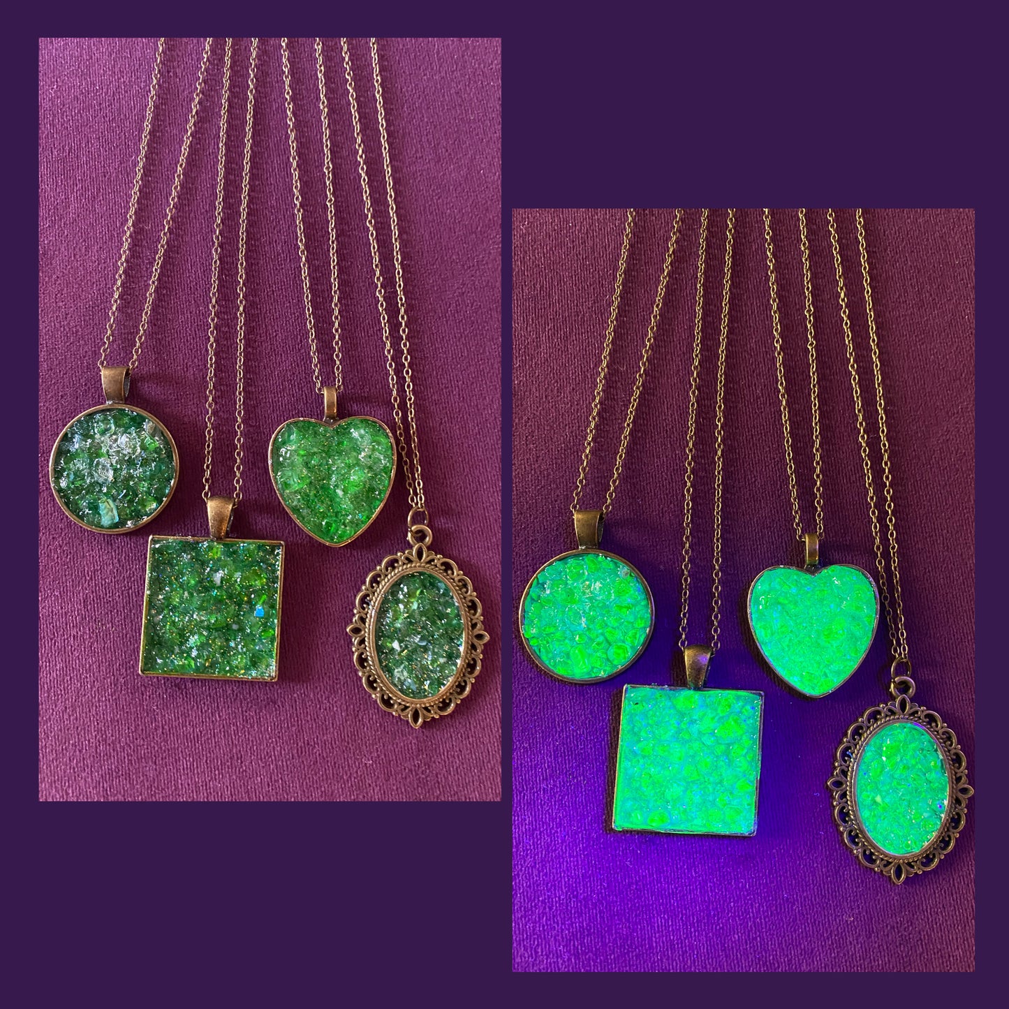 Uranium glass druzy necklaces