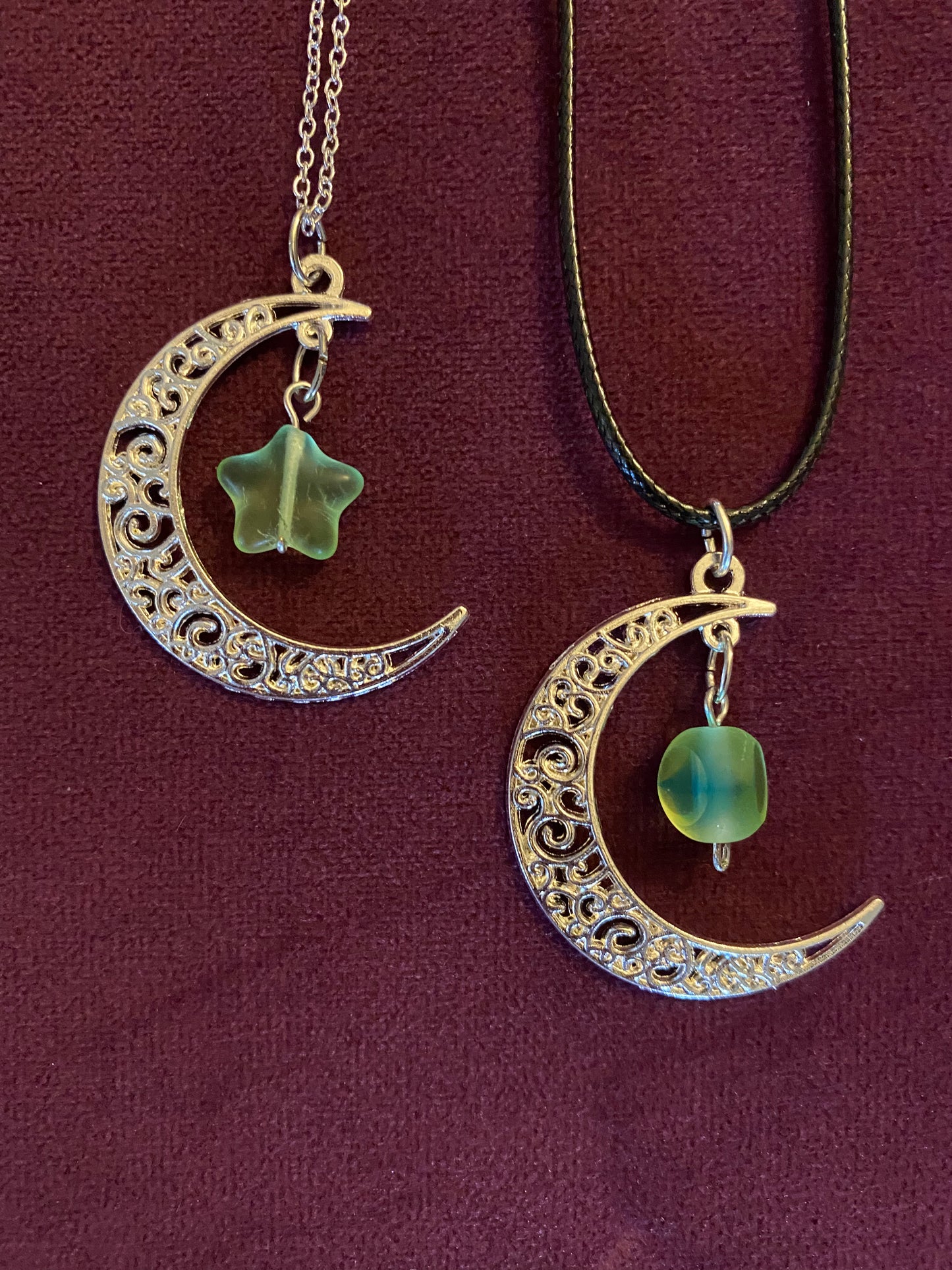 Uranium glass moon necklaces