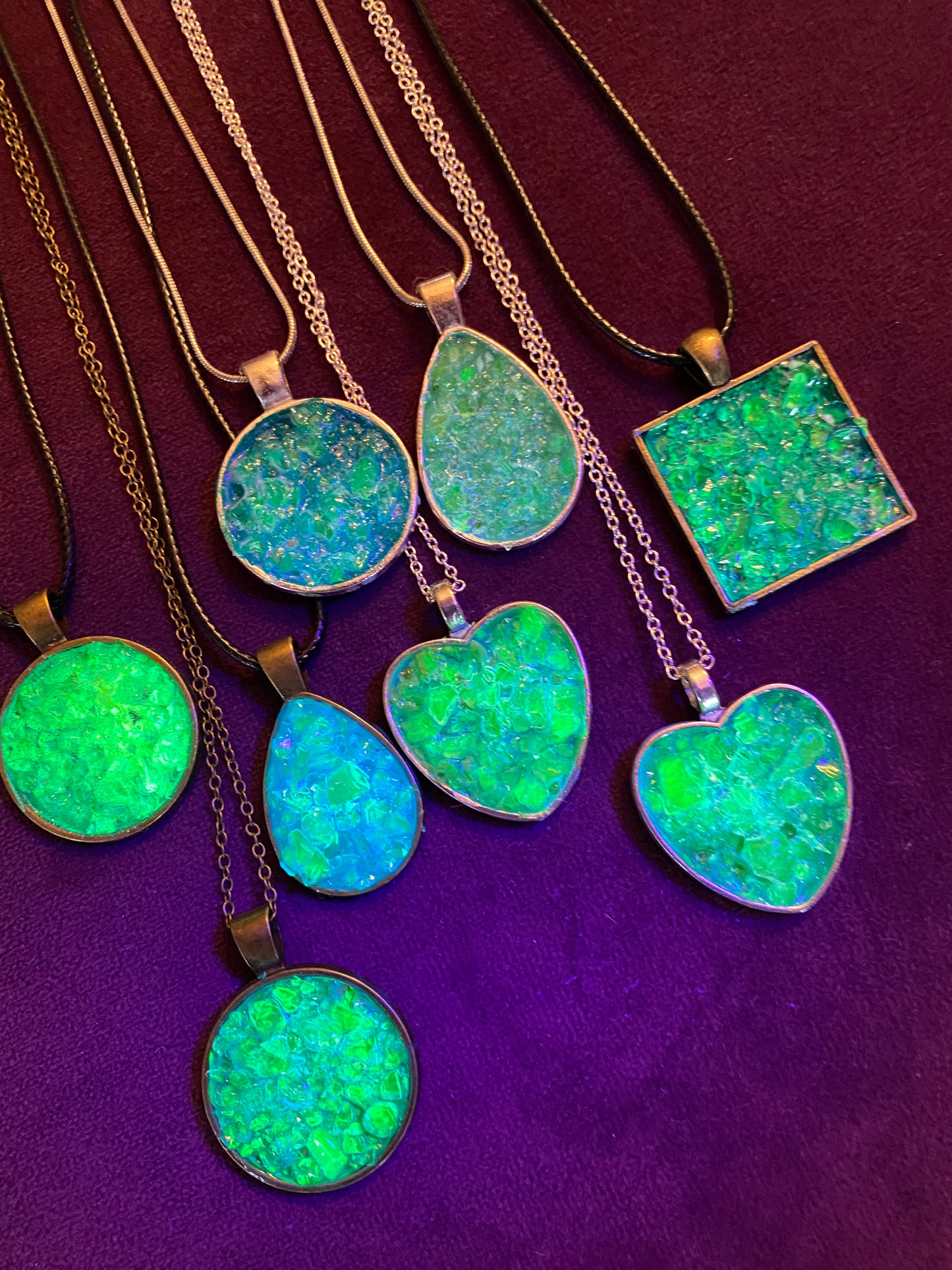 Uranium glass druzy necklaces